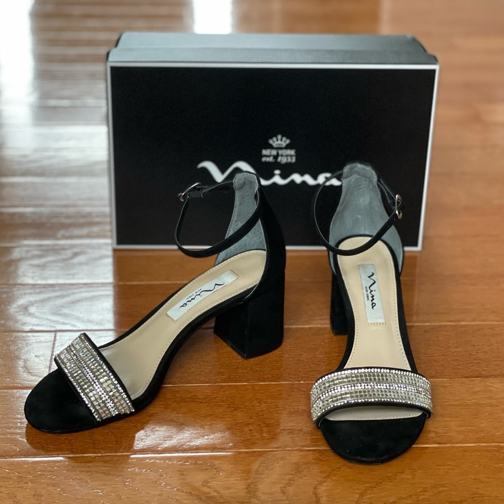 Nina Elenora- FY True Black Glam Suede Dress Sandal- Size 6